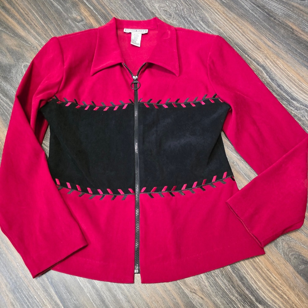 Dress Barn Womens Red Black Colorblock Zip Up Jacket Embroidered Size 10 93060